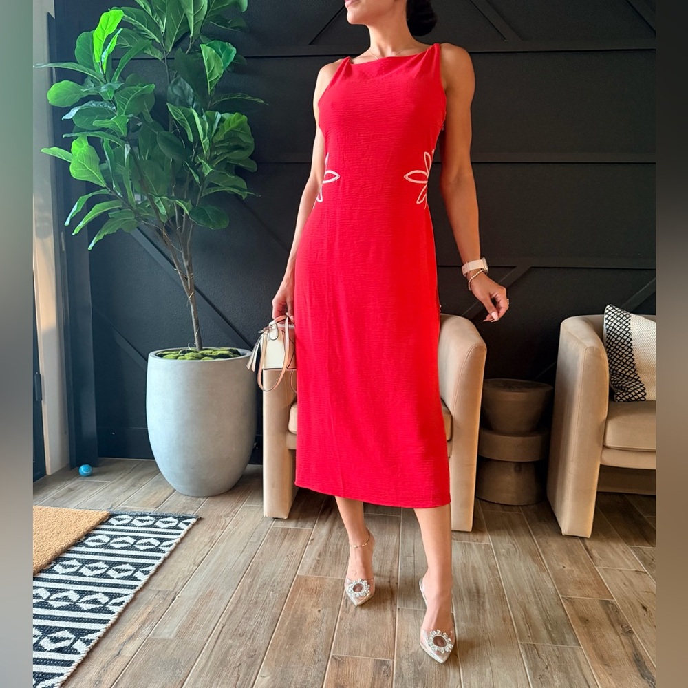 #177 Red Sleeveless Dress with embroidery
